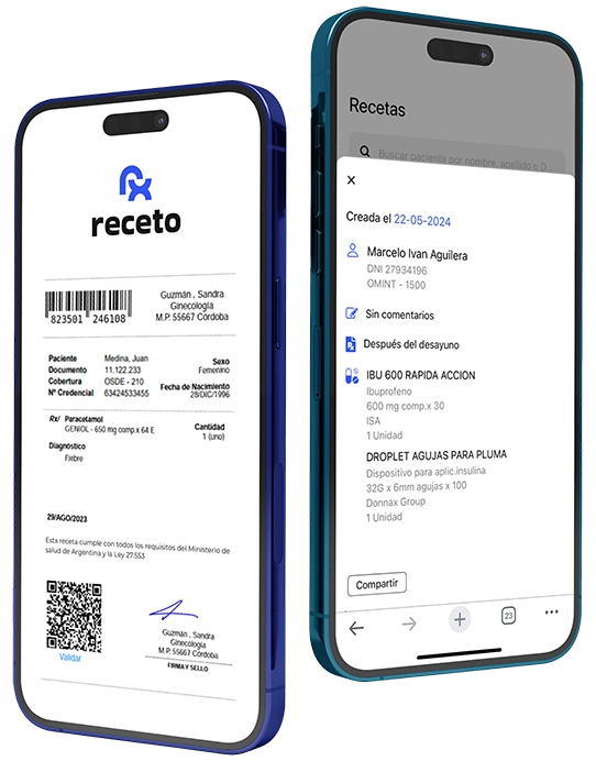 Aplicación Receto mostrando receta electrónica médica en dos celulares con el logo de Receto