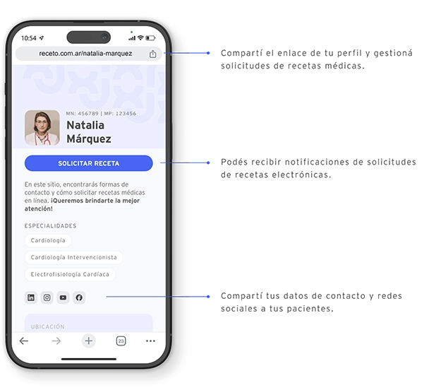 Celular mostrando el perfil profesional del médico en versión de escritorio, destacando acceso a redes sociales y opciones para compartir con pacientes