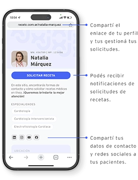 Celular mostrando el perfil profesional del médico en versión móvil, destacando opciones para compartir el enlace con pacientes y solicitar recetas médicas